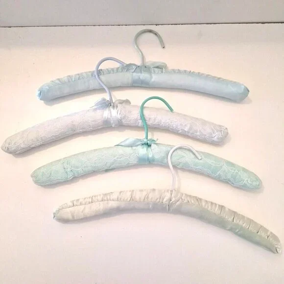 Blue & Green Padded Satin Lace Boudoir Lingerie Clothes Hangers 4 Lot - Picture 5 of 8